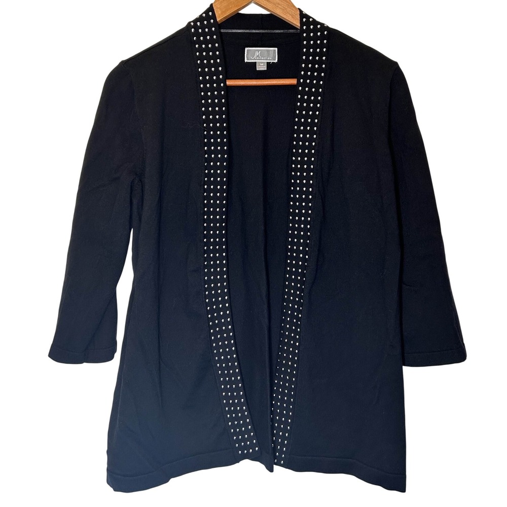 JM Collection Black Open Cardigan with‎ Silver Stud Accents 3/4 Sleeves Size Med